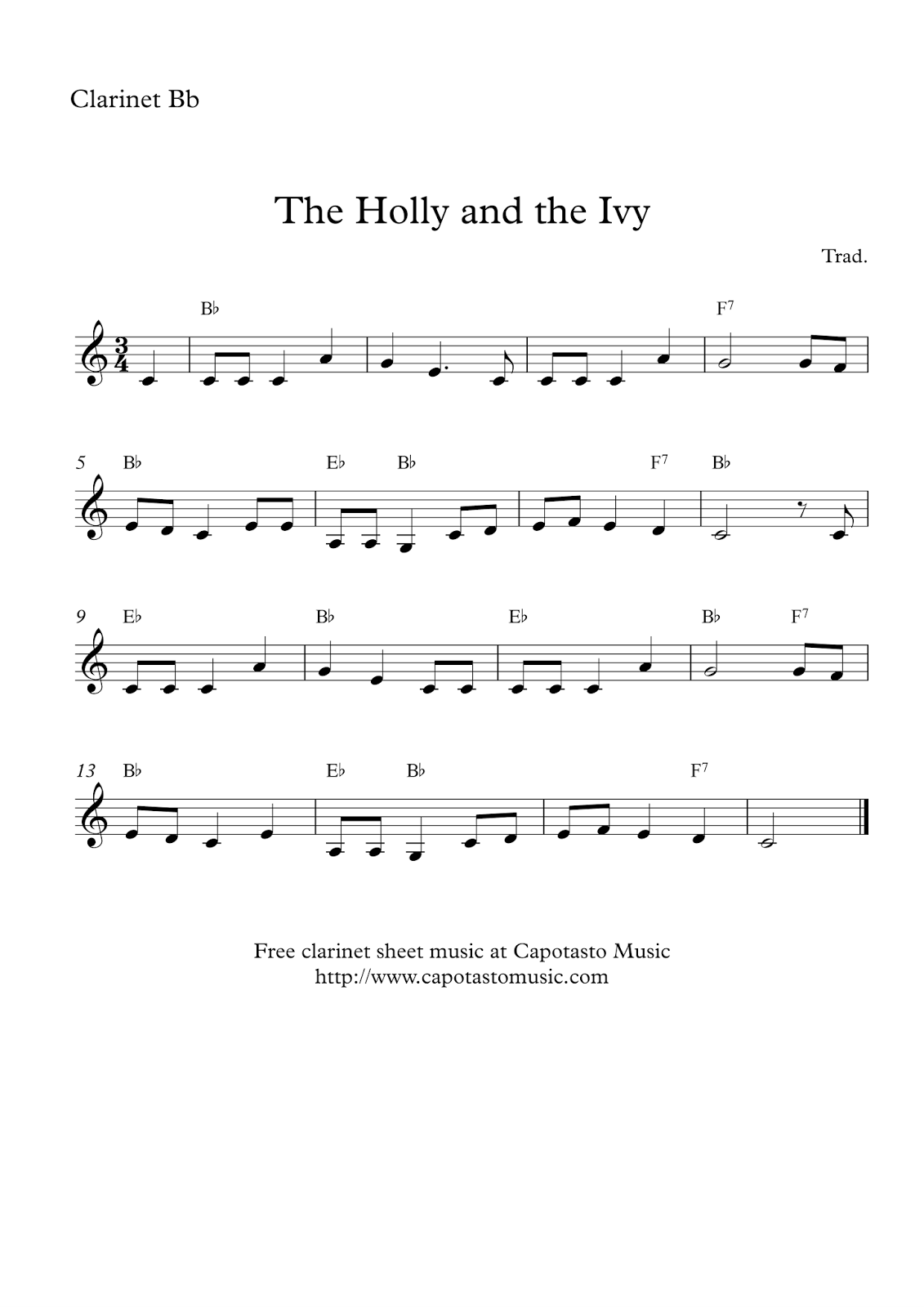 The Holly and the Ivy | Free easy Christmas clarinet sheet music