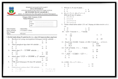 Contoh Soal Uas Matematika Kelas 6 Sd