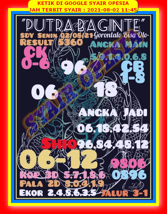 Syair Sdy Hari Ini Senin 2 Agustus 2021 Opesia Official