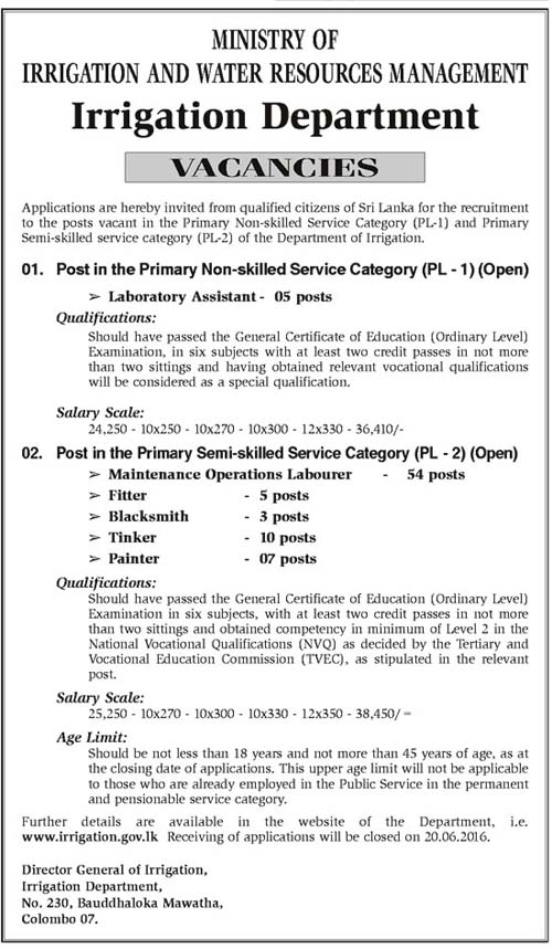 Vacancies at Irrigation Department