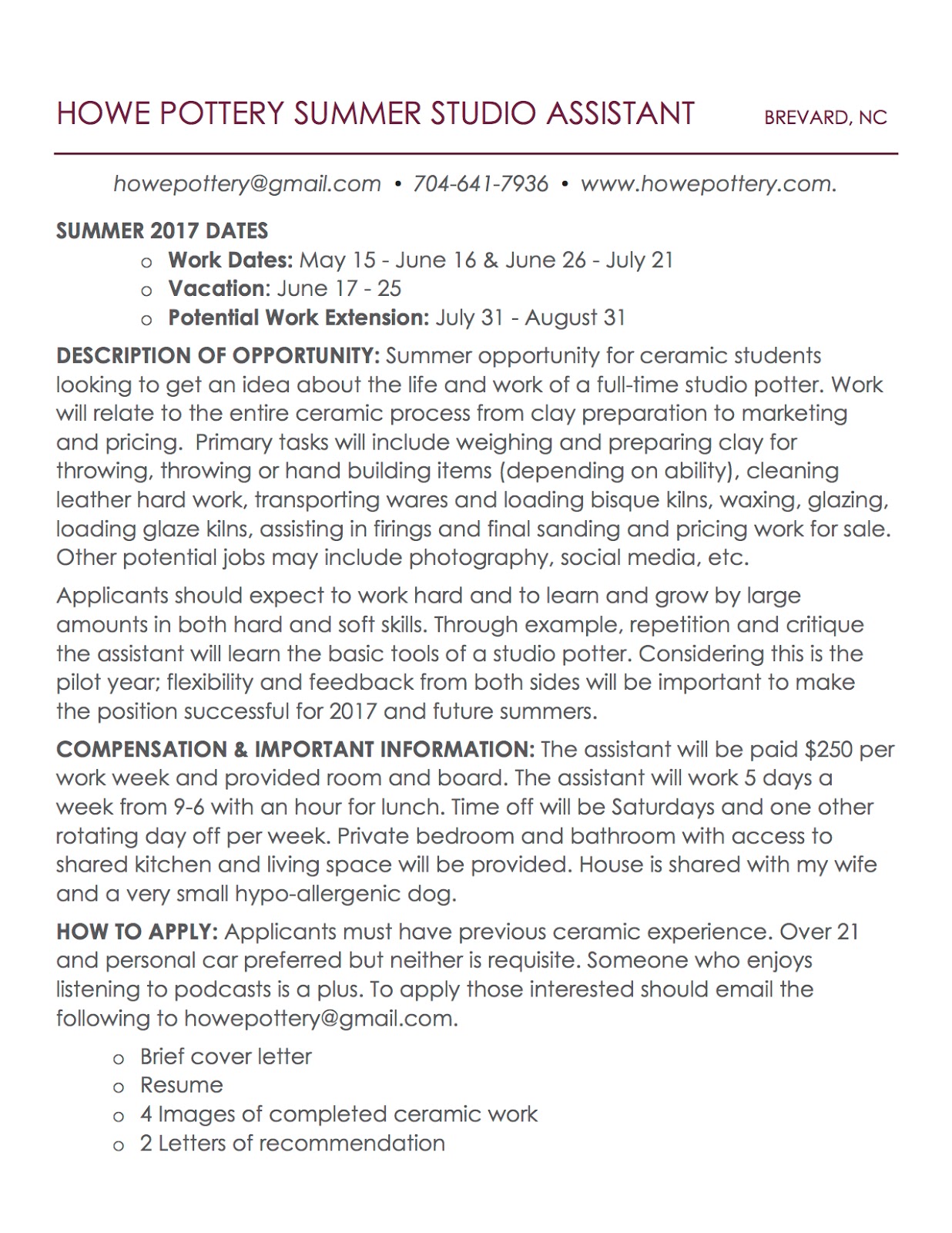 Clay Club Summer Studio Assistant opportunity in Brevard North Clay Club Summer Studio Assistant opportunity in Brevard North