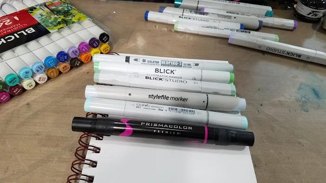 Blick Illustrator Marker, Blick Studio Marker, Stylefile marker, Copic Sketch marker, Prismacolor marker