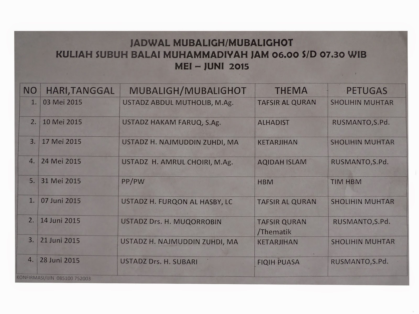 Jadwal Mubaligh Mubaligoh Kuliah Subuh