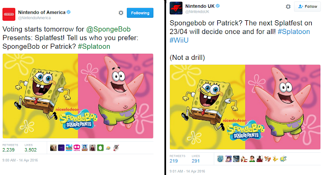 Nintendo Twitter Accounts SpongeBob Splatfest SpongeBob SquarePants Splatfest Splatoon Patrick Nintendo of America UK Twitter accounts announcement
