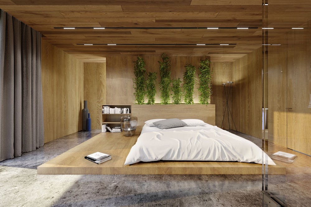 green-wall-wooden-platform-modern-wood-panel-accent-wall