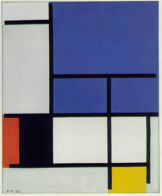 線と色彩だけの絵画、抽象画創始者！ピエト・モンドリアン【a】　コンポジション　大きな青地、赤、黒、黄色、灰色