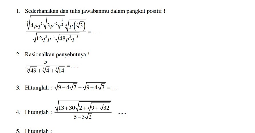 Kumpulan Soal Matematika SMA Bentuk Akar dan Pangkat