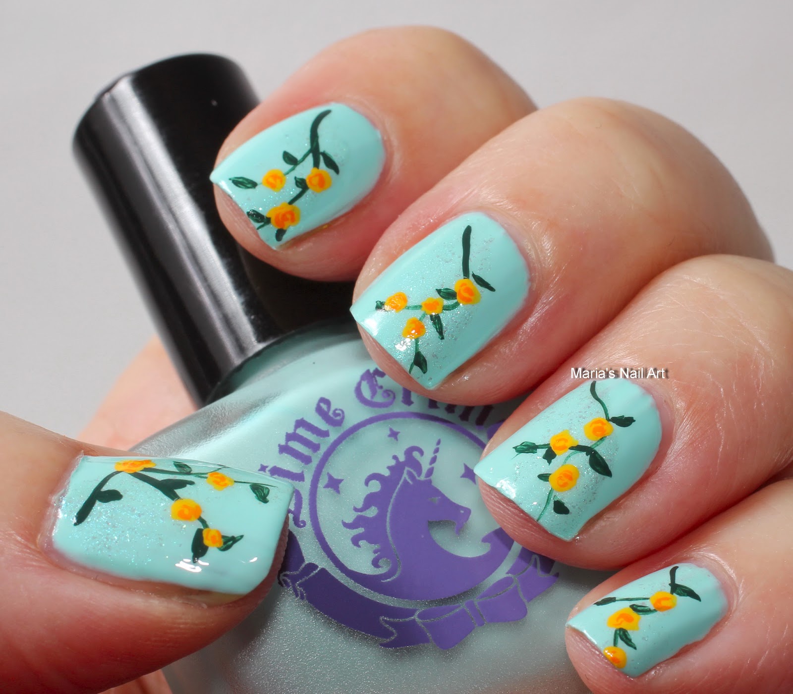 Marias Nail Art and Polish Blog: Tiny yellow roses in a blue mousse