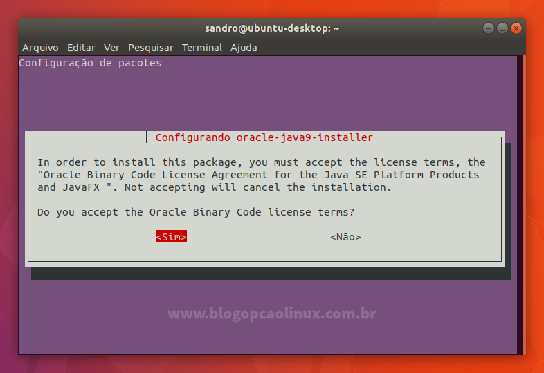Aceite o Acordo de Licença do Oracle Java 9 selecionando a opção "Sim" e pressionando "Enter" em seguida Aceite o Acordo de Licença do Oracle Java 9 selecionando a opção "Sim" e pressionando "Enter" em seguida