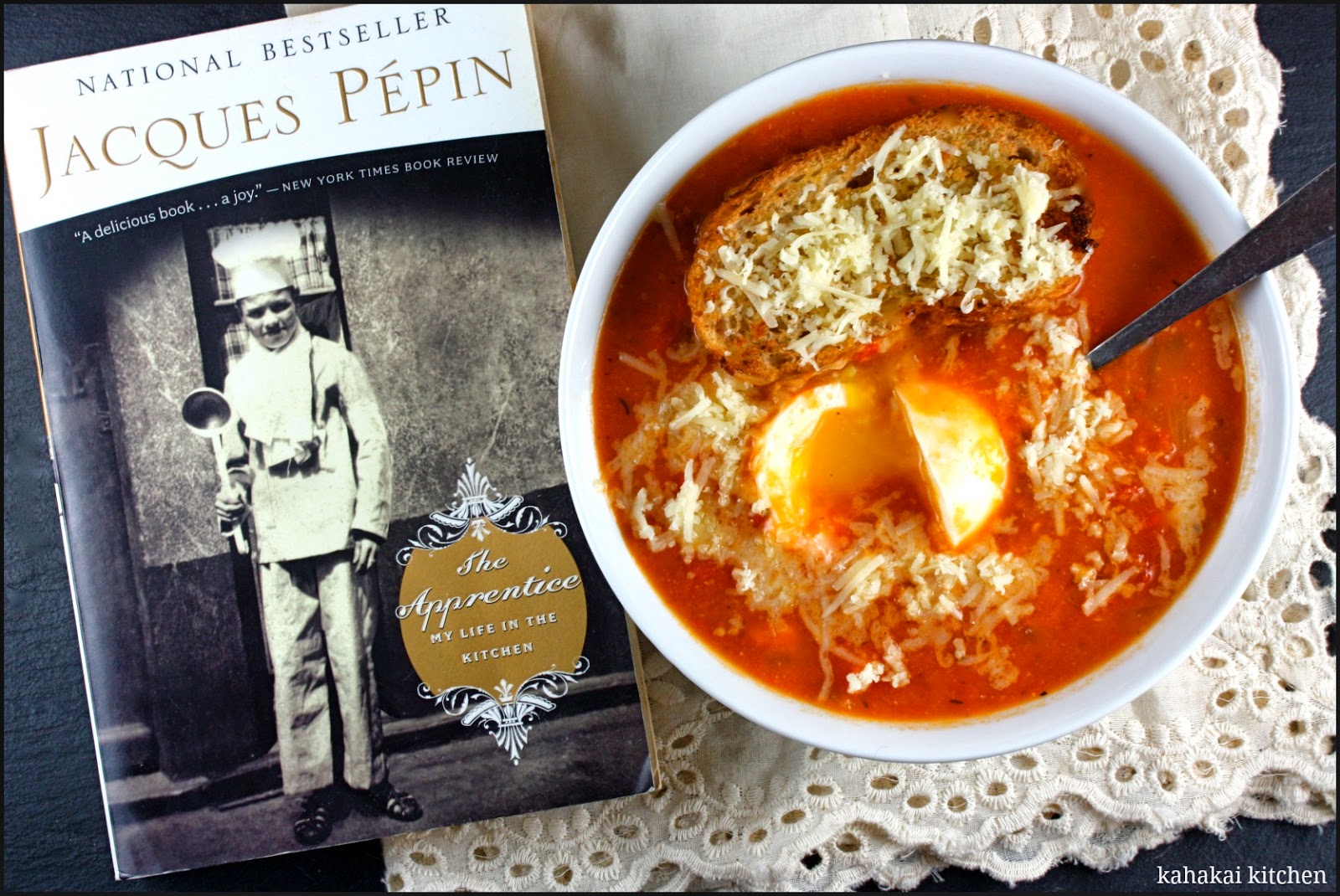 Kahakai Kitchen Tomato Chowder with Mollet Eggs for Cook the Books