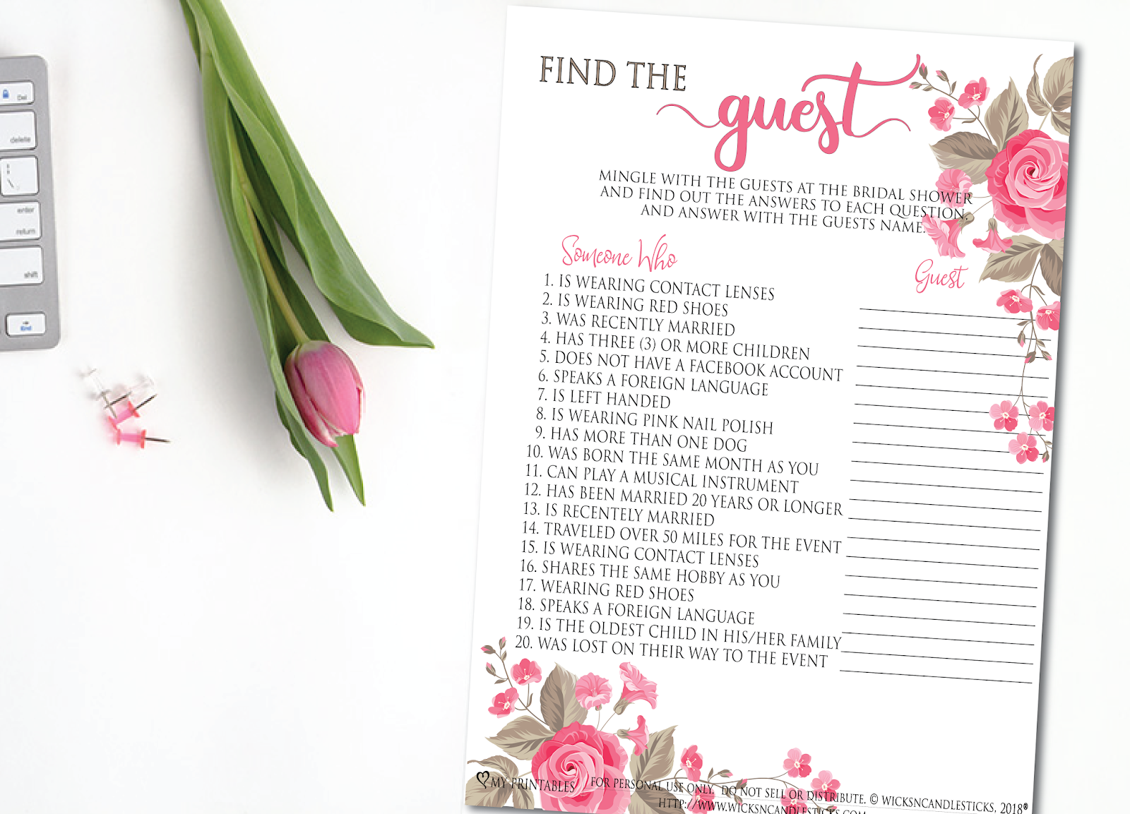 WicksnCandlesticks A Super Fun Bridal Shower Game Find The Guest Free Printable Game
