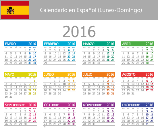 Calendario elemental 2016 en español - Vector