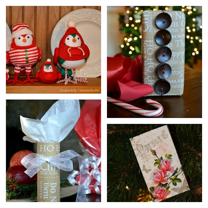 Collage of Christmas birds and wrapped gifts