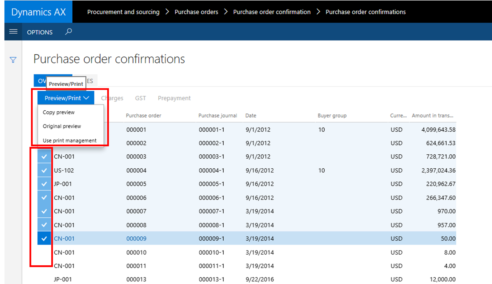 AX for ERP Print multiple Purchase Orders from AX (Dynamics 365 for
