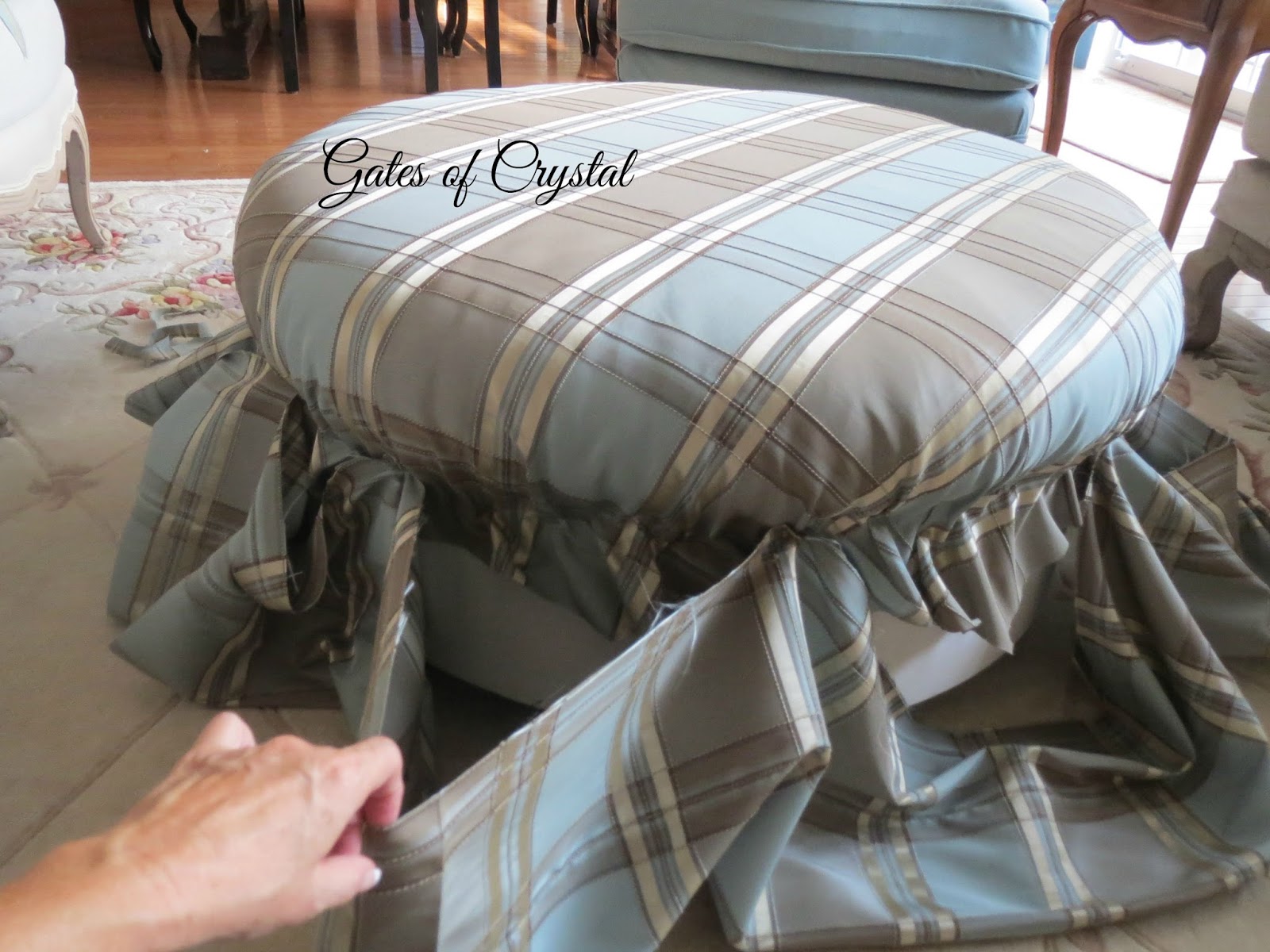 Gates of Crystal Reupholstering a Round Ottoman With Almost No Sewing!