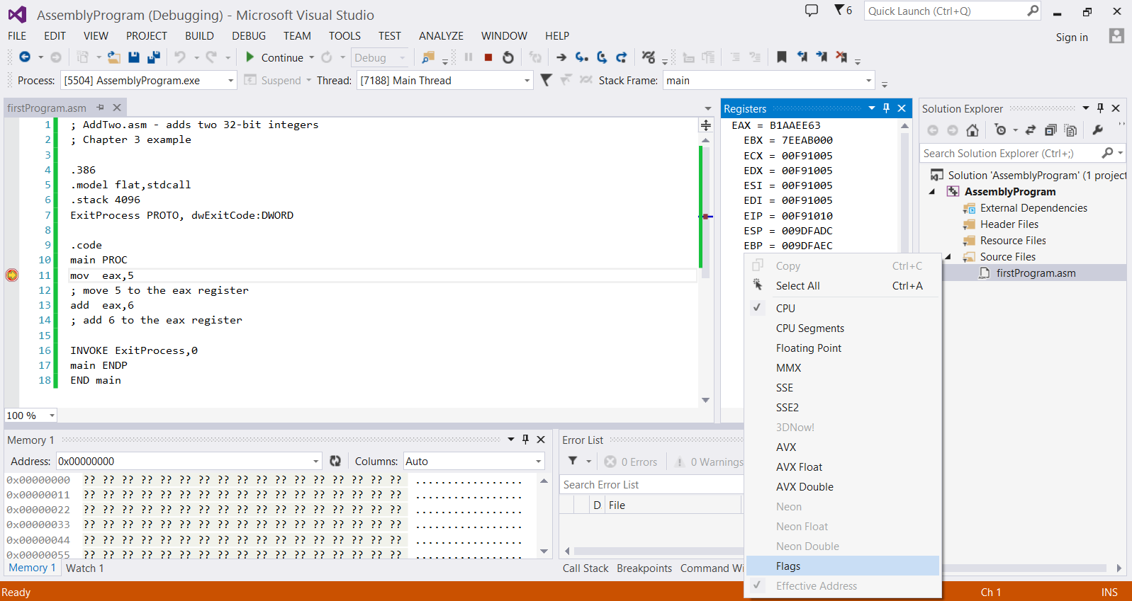 Run your first program in Assembly Language using Visual Studio