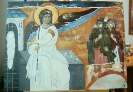 freska beli andjeo sa mironosnicama...ulje na platnu 80x60umetnička slika-jasmina miletić đorđević-