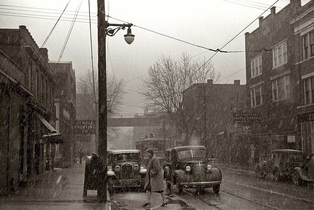 A snowy street in Parkersburg, West Virginia, February 1940 vintage