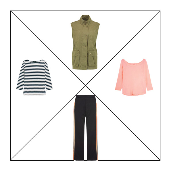 Брюки с лампасами, тельняшка, топ и жилет utility Брюки с лампасами, тельняшка, розовый топ и жилет utility для капсульного гардероба в повседневном стиле Casual