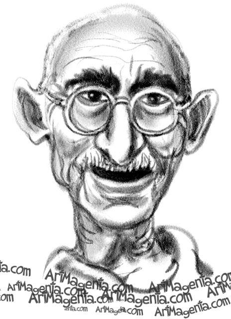 Mahatma Gandhi caricature cartoon. Portrait drawing by caricaturist Artmagenta.