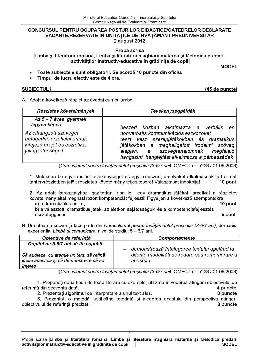 Subiecte Variante Si Rezolvari Pentru Examene Nationale 2020 Subiect Model Educatori Maghiara Titularizare 2012