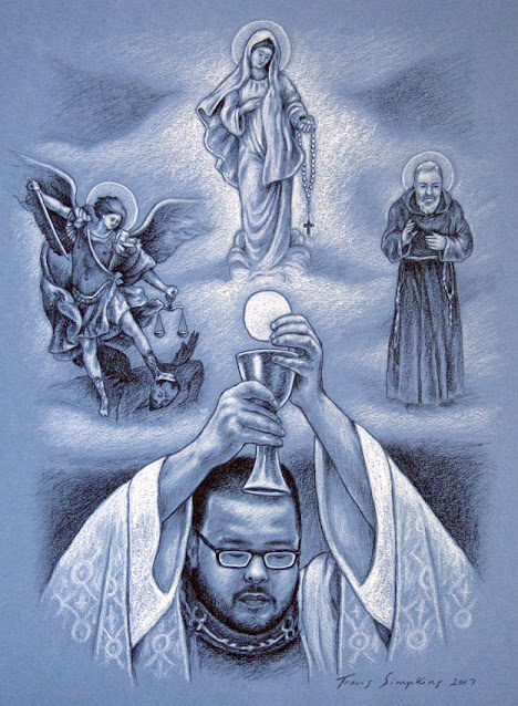 The Holy Eucharist with the Madonna, Archangel Michael and Saint Padre Pio. by Travis Simpkins