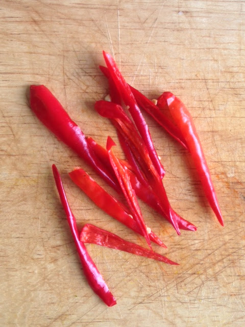 red thai chilies sliced into thin strips