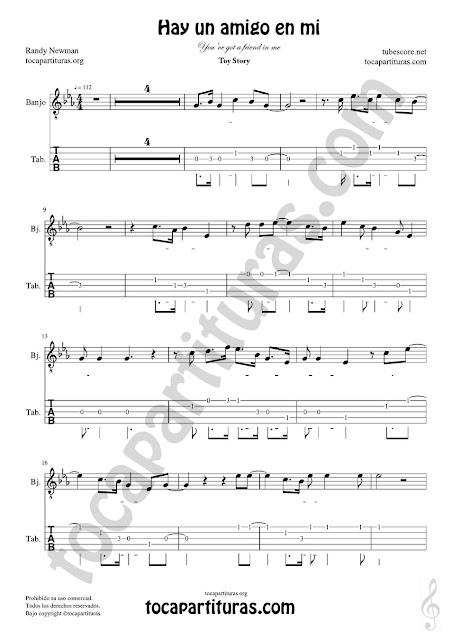  Banjo Tablatura y Partitura de Hay un amigo en mi Punteo Tablature Sheet Music for Banjo Tabs Music Scores