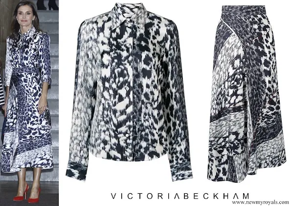 Queen Letizia wore Victoria Beckham Leopard-print silk blouse and midi skirt
