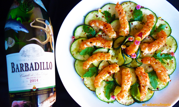 Carpaccio de calabacín con langostinos flambeados y aceite de jengibre y vainilla