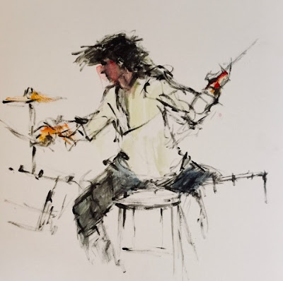 Another Crazy Drummer black acrylic drawing of drummer playing drums and touches of watercolor
