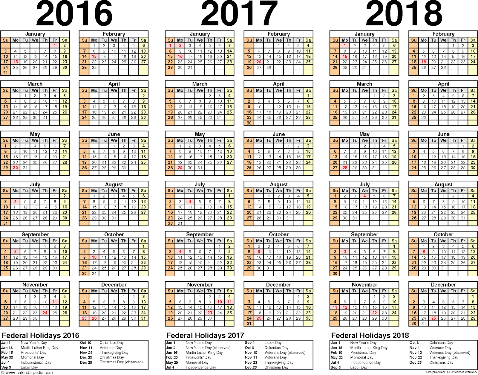 2016 2017 2018 Calendar Word And Excel