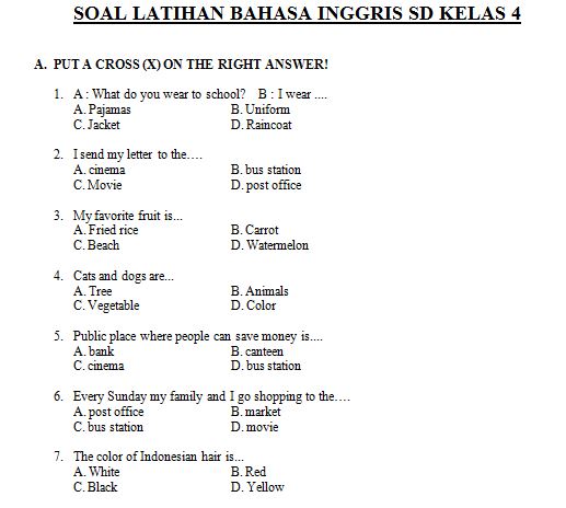 Contoh Soal Bahasa Inggris Sd Kelas 4 Barisan Contoh