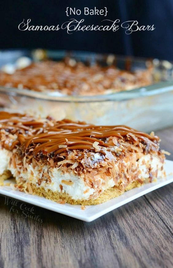 No Bake Samoas Cheesecake Bars #cheesecake #dessertbars #samoas #nobake #easter #dessert
