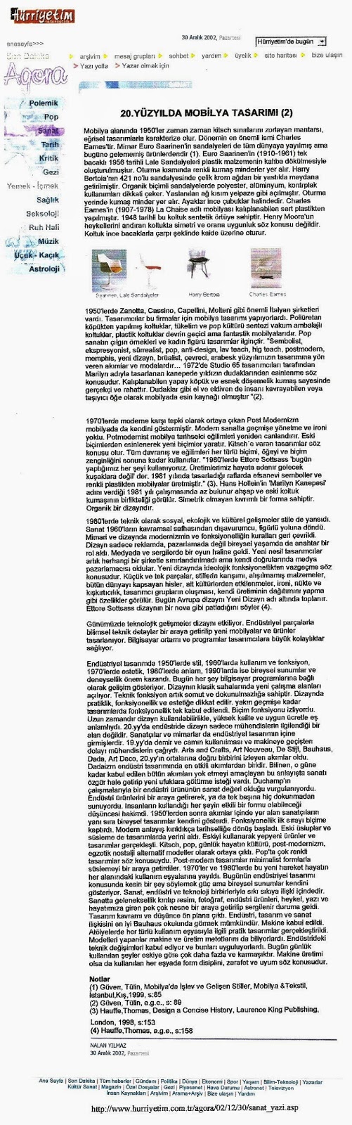 20. Yüzyılda Mobilya Tasarımı 2, Nalan Yılmaz, 30 Aralık 2002 Pazartesi, Hürriyet, Agora