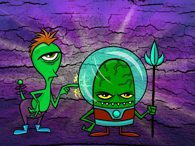 Two Aliens Cartoon: A one-eyed alien points to an alien wearing a "fish bowl" helmet.