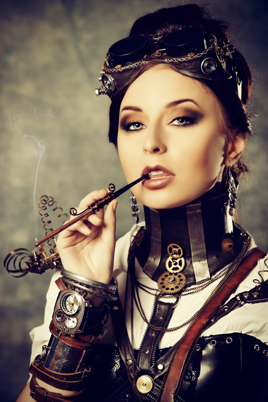 steampunk woman cigarette pipe goggle wrist cuff