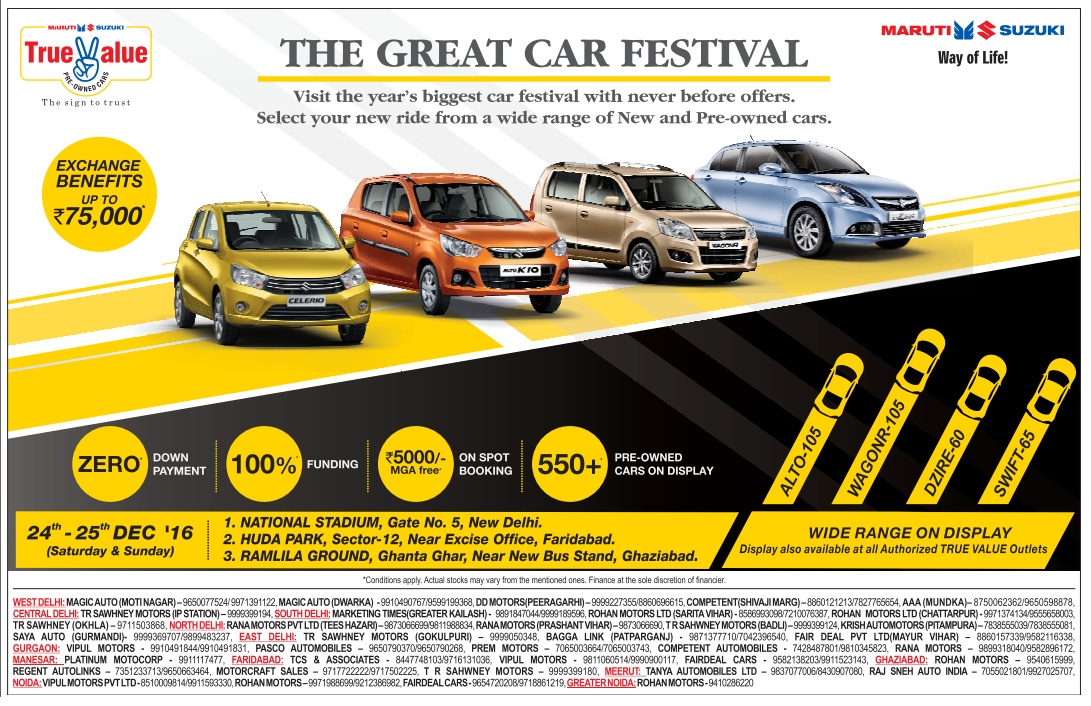 Zero down payment on Maruthi Suzuki cars 100 on road funding