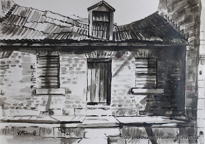 Plein air ink painting of dilapidated workers cottage in Pyrmont  by industrial heritage artist Jane Bennett