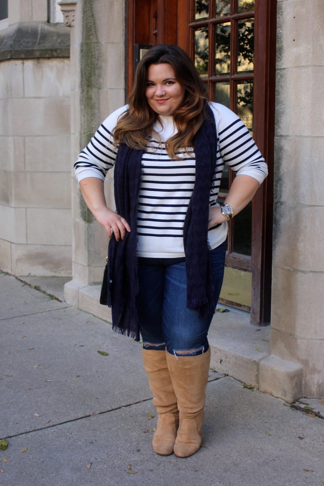 how to cut holes in jeans, cut holes in the knees, CAN CURVY GIRLS WEAR HORIZONTAL STRIPES, plus size, horizontal stripes, how to wear stripes, plus size fashion blogger, fashion blogger, natalie craig, natalie in the city, chicago, wide calf boots, striped sweaters, fall fashion, how to wear a scarf
