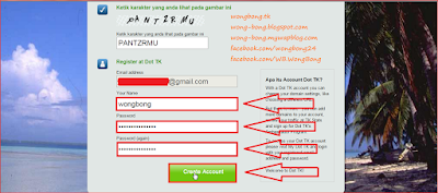 Memasukkan nama akun baru dan password baru diDOT TK Cara mendaftarkan dan mendapatkan nama domain gratis diDOT TK