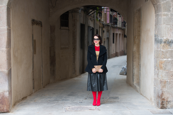 faux leather midi skirt red
