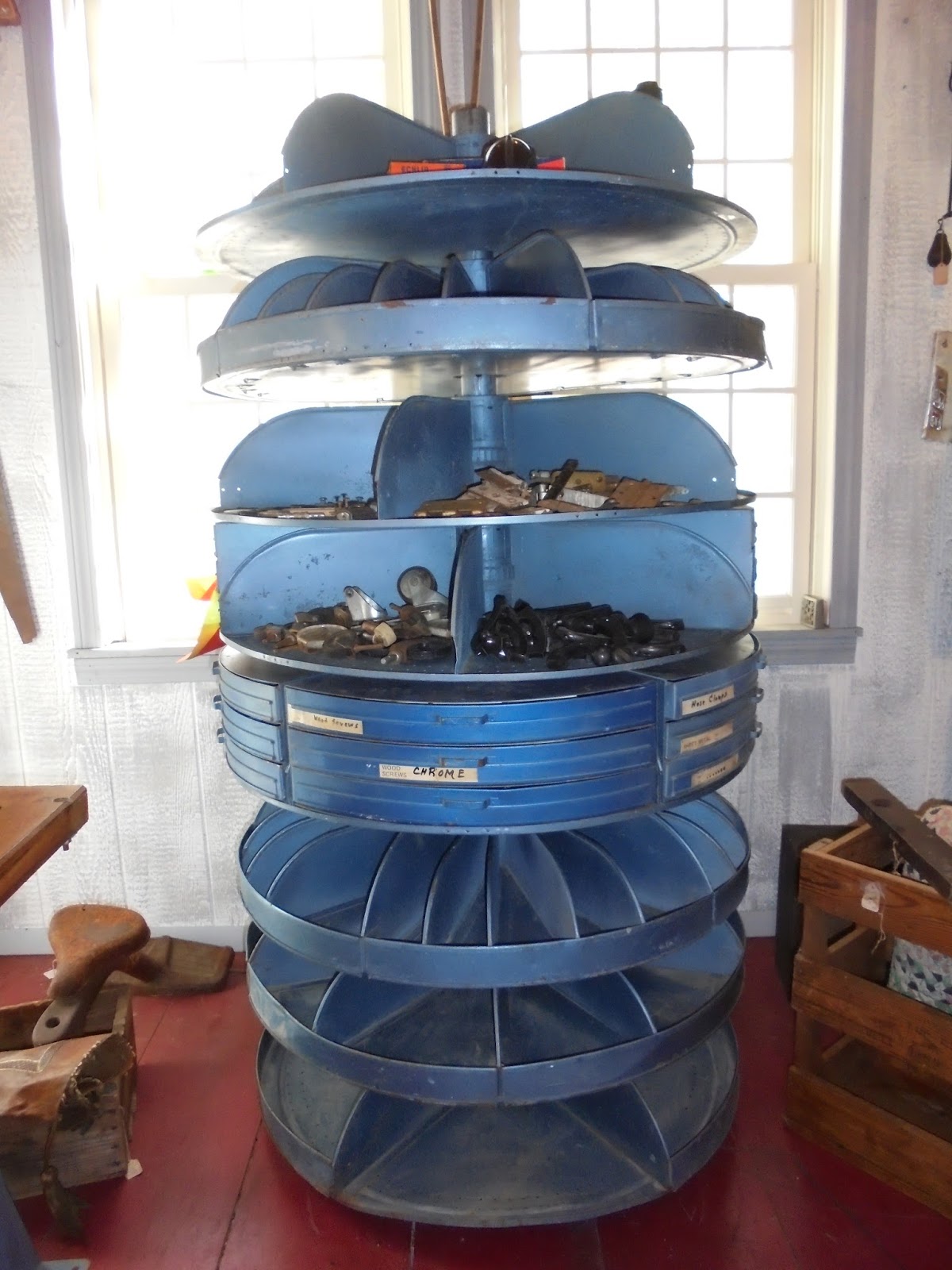 Log Cabin Antiques & Gifts Metal rotating hardware bins display stand