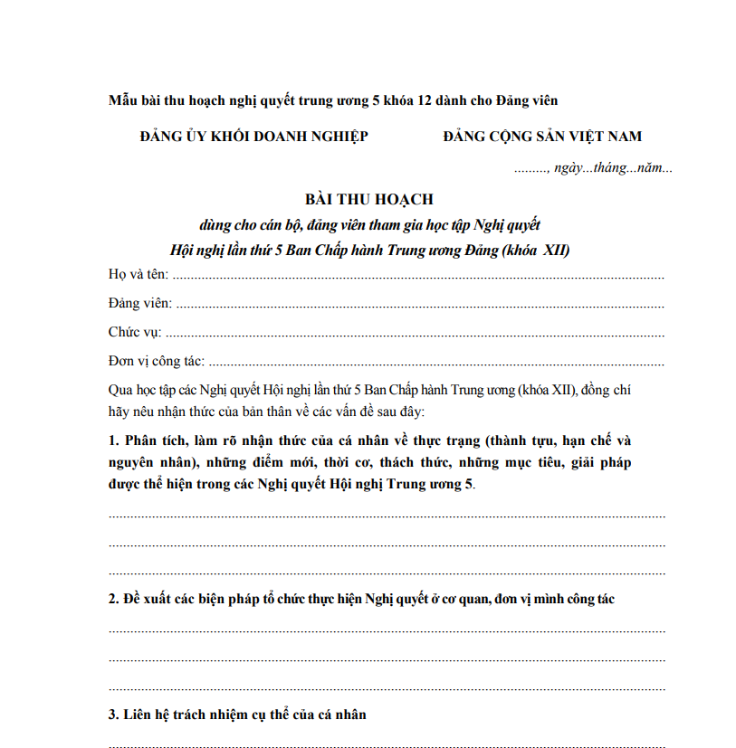 đề Thi Tuyển Cong Chức Mẫu Bai Thu Hoạch Nghị Quyết Trung ương 5 Khoa 12 đảng Vien Khối Doanh Nghiệp