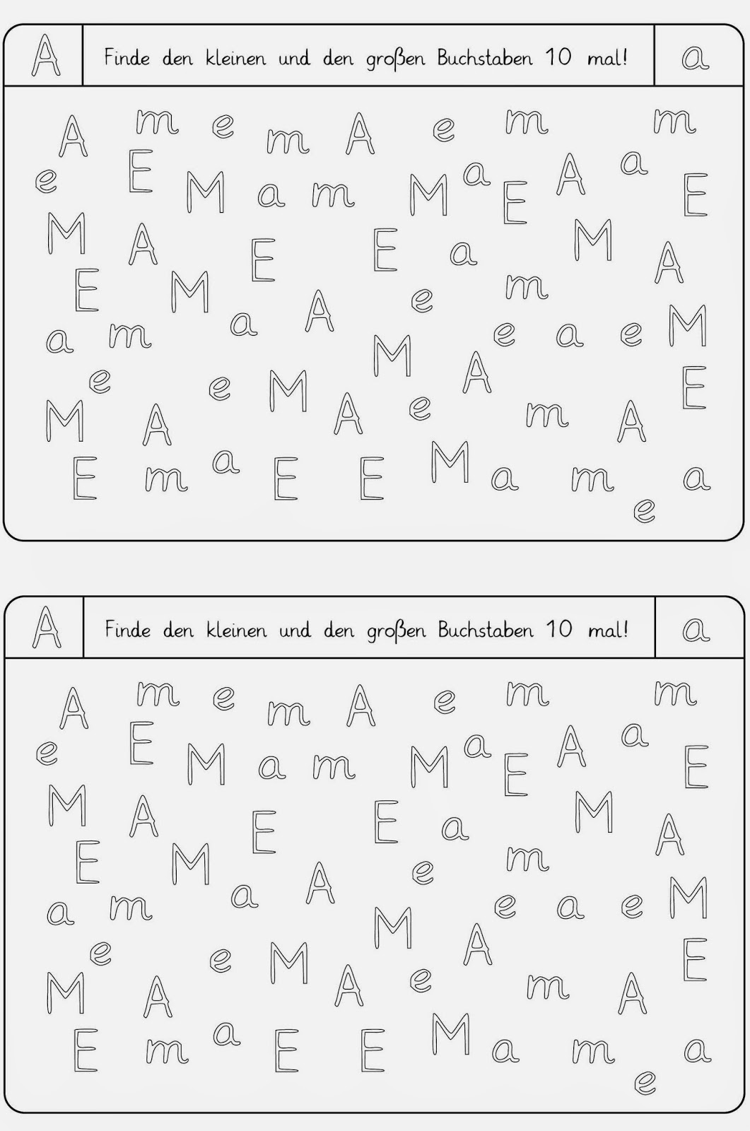 Buchstaben Arbeitsblätter
 Lernstübchen Arbeitsblätter zum Erkennen der Buchstaben