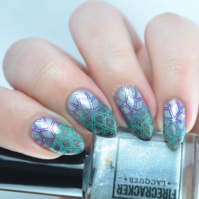 Geometric snowflake using Sally Hansen Insta-Dri Mint Sprint and Firecracker Lacquer Caution: Winter Ahead Don't Be So Dire Wolf The Grape Beyond