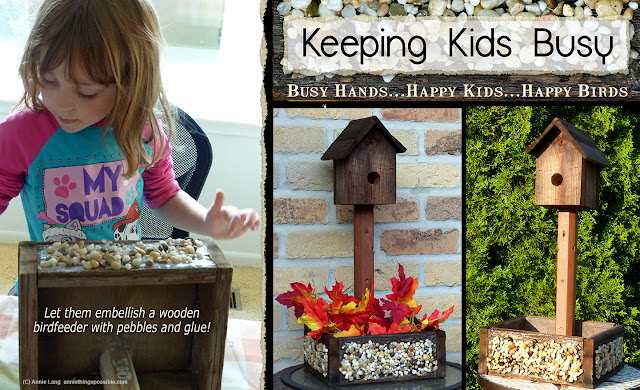 Annie Lang shares her preschool learning activity ideas for embellishing a wood birdhouse feeder surface with pebbles and glue