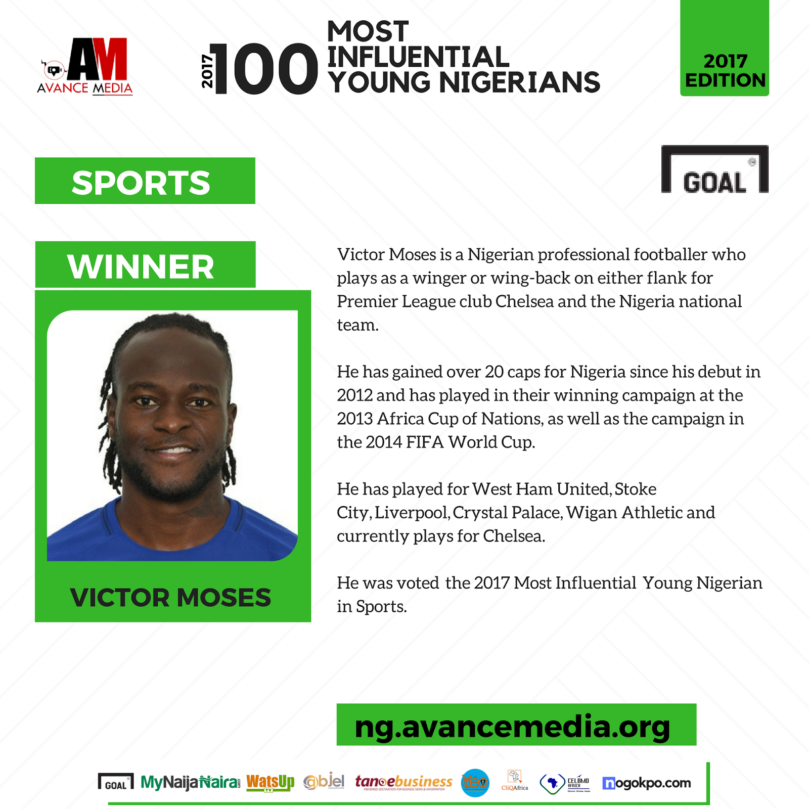 THE YCEO: VICTOR MOSES VOTED 2017 MOST INFLUENTIAL YOUNG NIGERIAN
