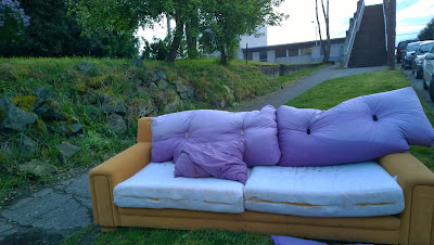 A sight for sore eyes this tan couch with lavender pillows at Winslow Pl N and N 41 Street