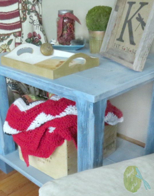 Farmhouse Guest Room Nightstand with Red, Burlap and Wood Accessories